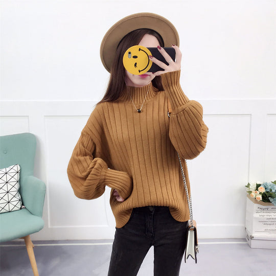 Damen Strickpullover mit hohem Kragen und lässigem Schnitt EB
