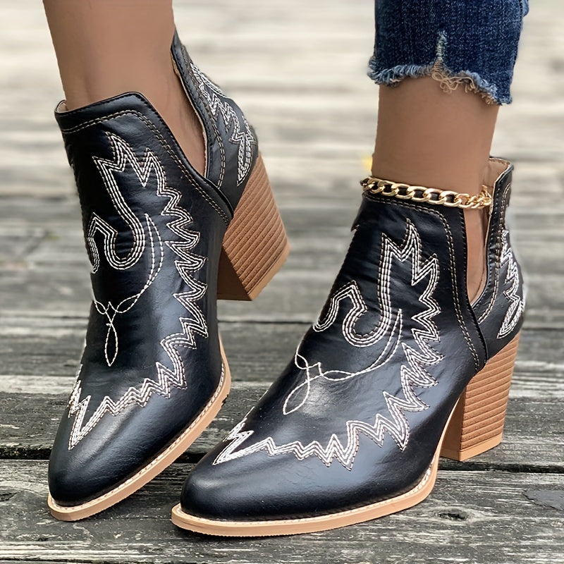 EB | Damen Westernstiefel mit Blockabsatz und Retro-Stickerei