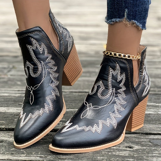EB | Damen Westernstiefel mit Blockabsatz und Retro-Stickerei
