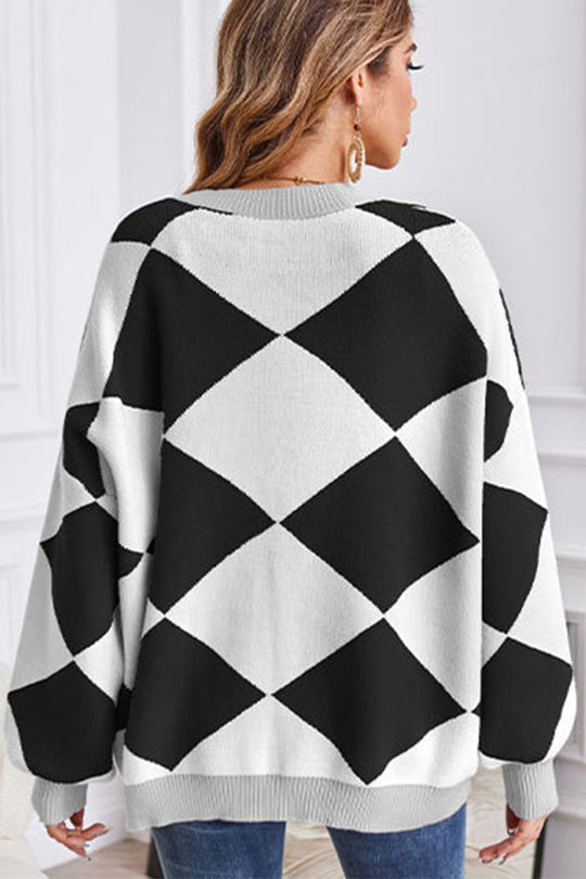 EB | Hals geometrisches Patchwork kontrastierender Strickcardigan lässige lockere Jacke