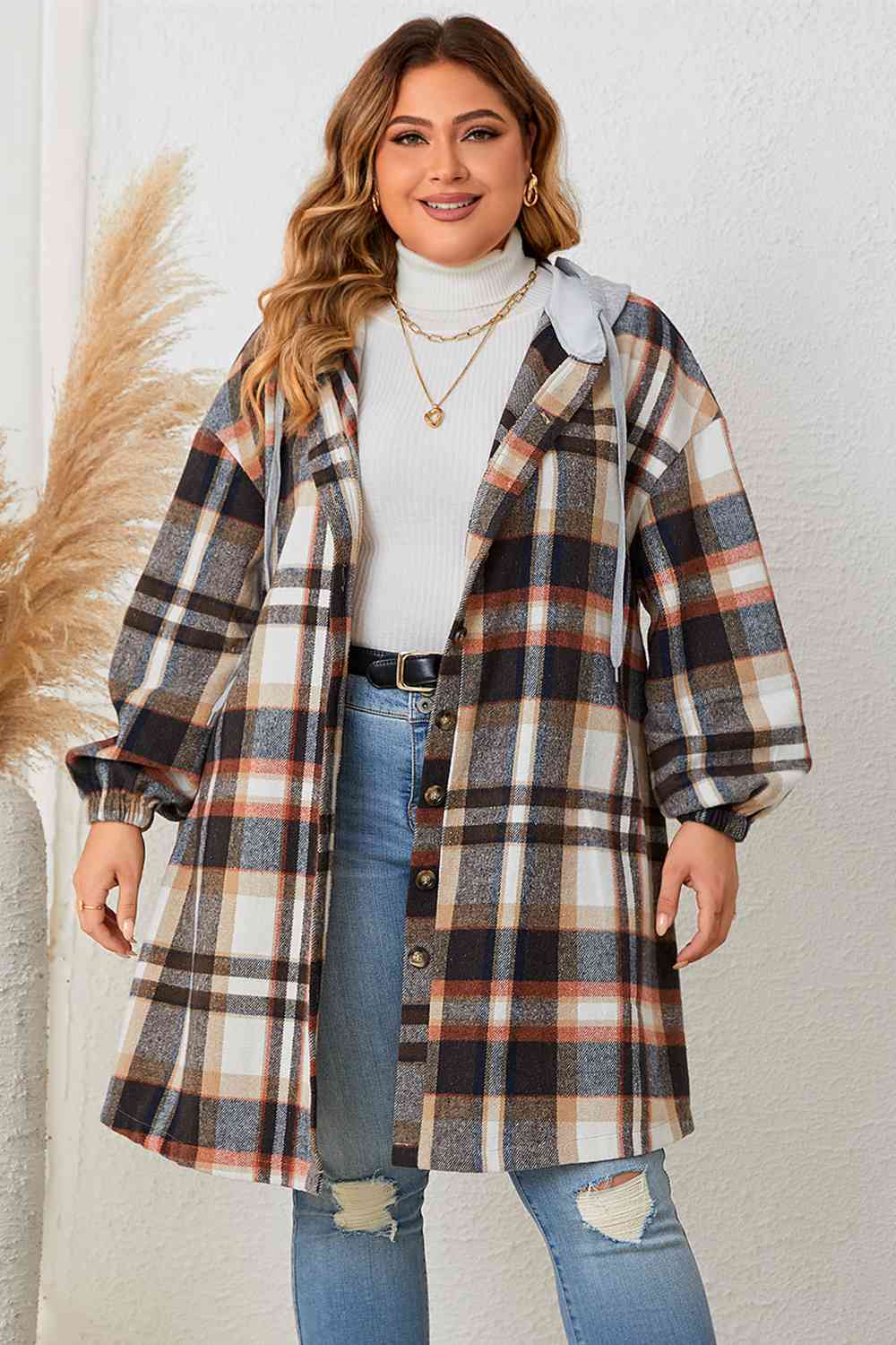 EB | Plus Size Karo Drop-Shoulder Kapuzenmantel