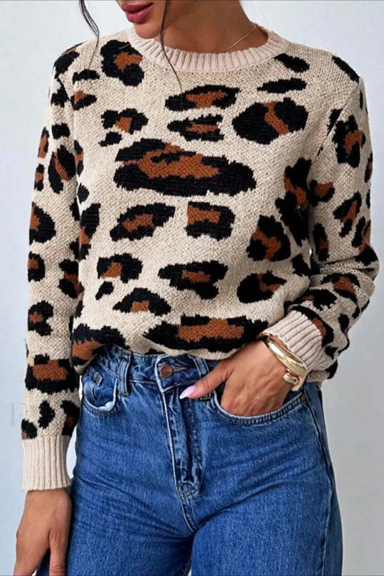 EB | Pullover mit Farbfeld und Leopardenmuster und Rundhalsausschnitt