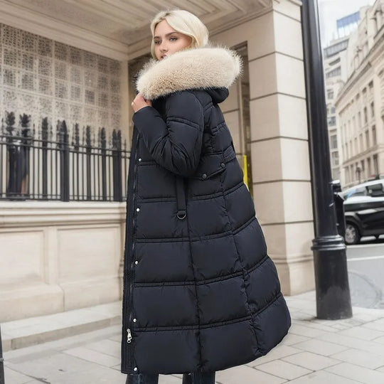 EB | Damen lange Winterjacke mit Pelzmütze und Gürtel