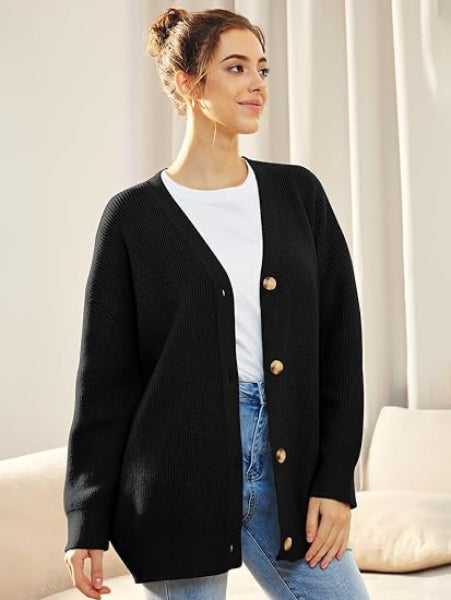 EB | Cardigan - Damen Herbst Oversized V-Ausschnitt Knopf Cardigan