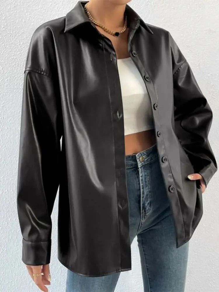 EB | Vintage Leder Bomberjacke mit Reverskragen und Knopfverschluss