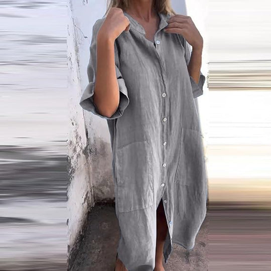 EB | Lockeres Langes Kleid mit Langen Ärmeln und Seitentaschen Kleid