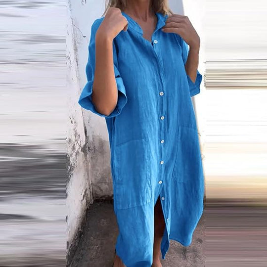 EB | Lockeres Langes Kleid mit Langen Ärmeln und Seitentaschen Kleid
