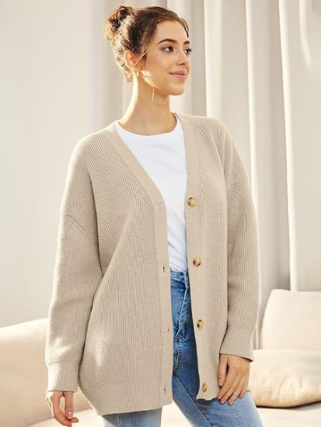 EB | Cardigan - Damen Herbst Oversized V-Ausschnitt Knopf Cardigan