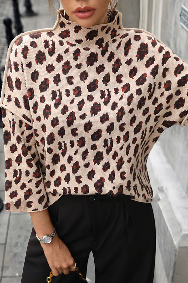 EB | Strickpullover mit Leopardenmuster und lockerem Rollkragen
