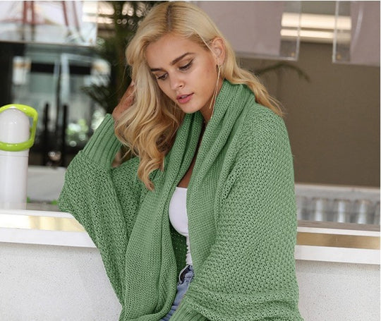Damen lässige Strickjacke mit offenen Kanten und voluminösen Ärmeln EB