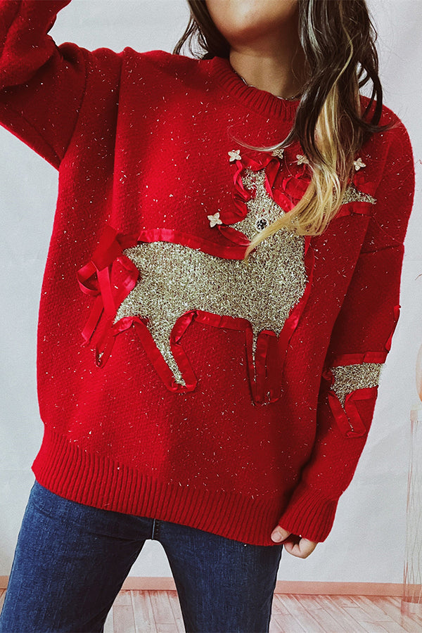 EB | Weihnachtsmuster Gestrickter Rundhalsausschnitt Langarmpullover