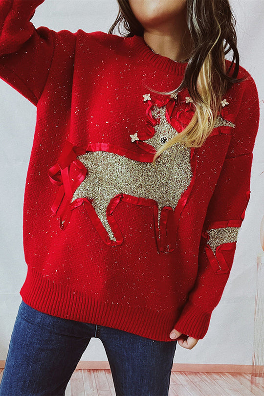 EB | Weihnachtsmuster Gestrickter Rundhalsausschnitt Langarmpullover