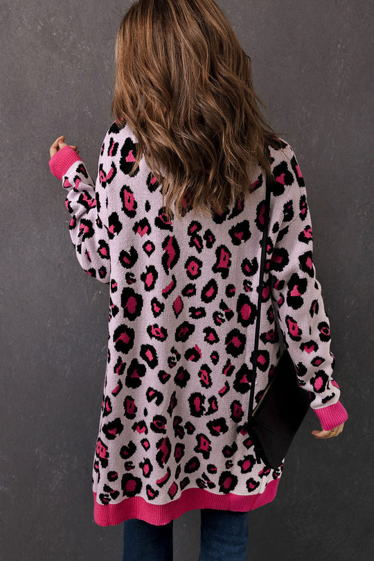 EB | Leopard-Kontrastbesatz Offene Vorderseite Langarmlange Strickjacke