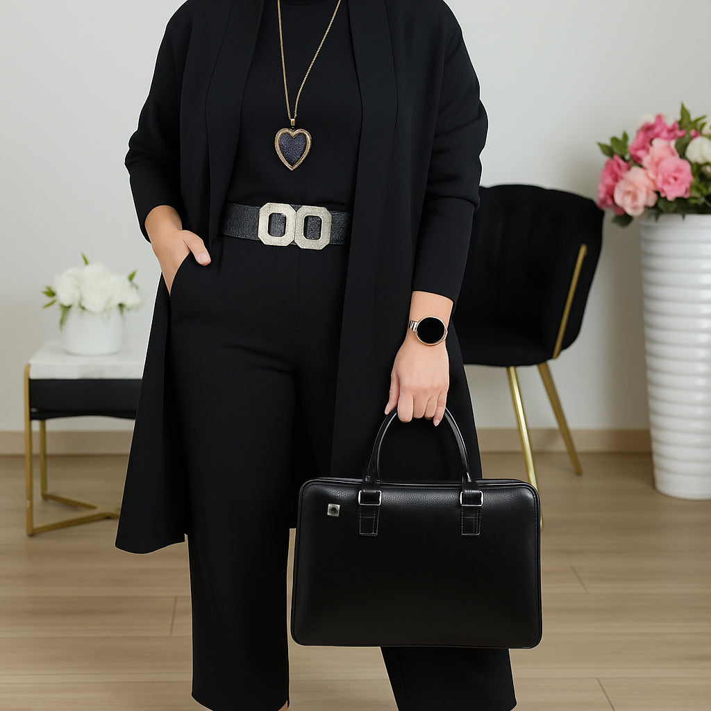 EB | Stylisches 3-Teilige Set Bestehend Aus Einem Langen Cardigan, Top und Hose