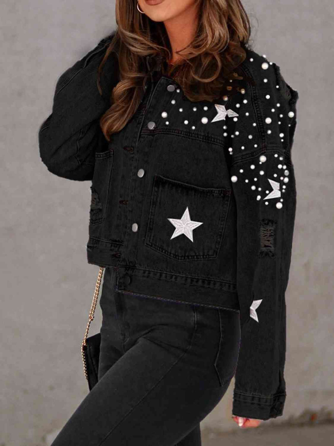 EB | Perlenbesatz Knopf-Down Denimjacke mit Taschen