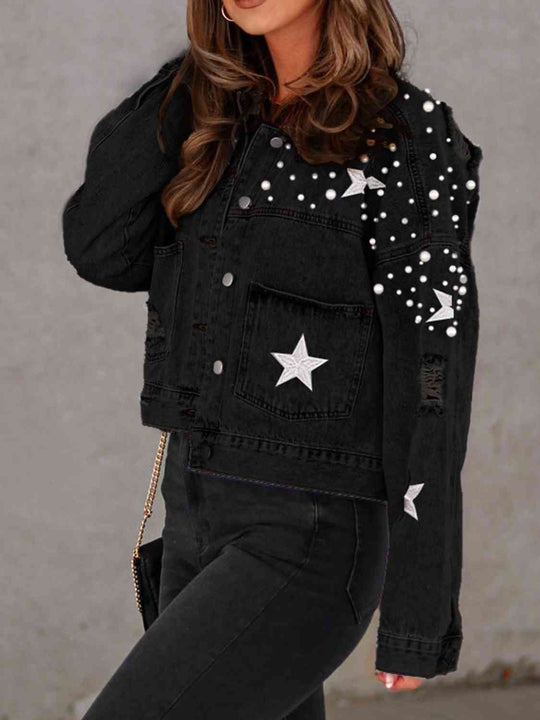 EB | Perlenbesatz Knopf-Down Denimjacke mit Taschen