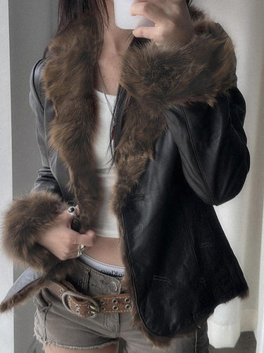 EB | Amerikanischer Stil Pelzkragen Patchwork Lederjacke