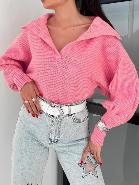 EB | Gemütlicher Strickpullover mit Laternenärmeln und Offenem Kragen