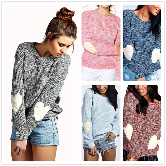 Damen Pullover mit herzförmigen Ellbogenpatches und lässiger Struktur EB
