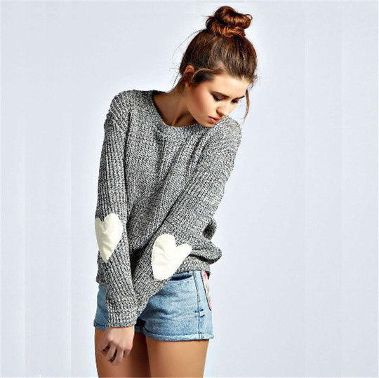 Damen Pullover mit herzförmigen Ellbogenpatches und lässiger Struktur EB