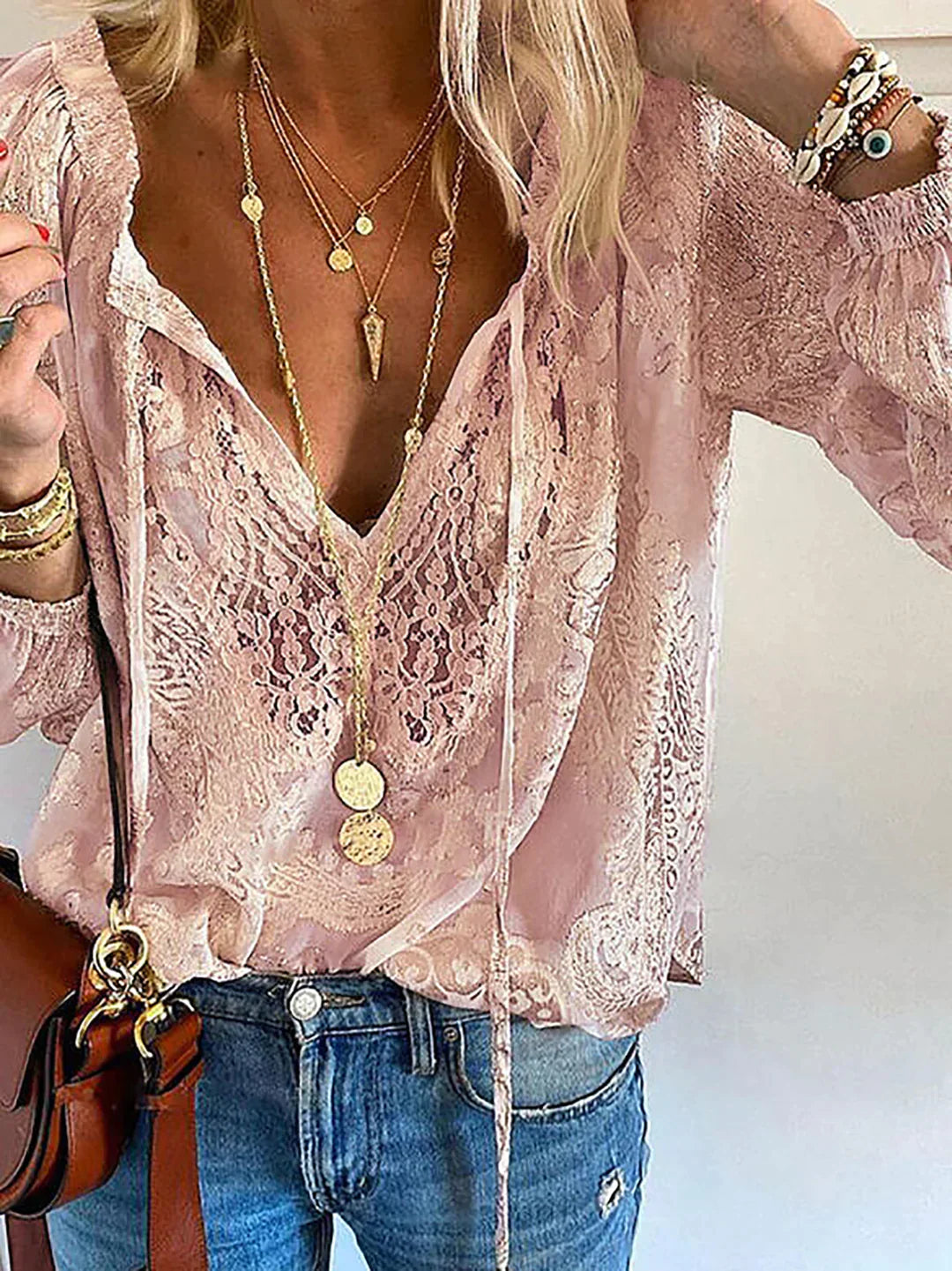 EB | V-Ausschnitt Spitzen Chiffon Bluse