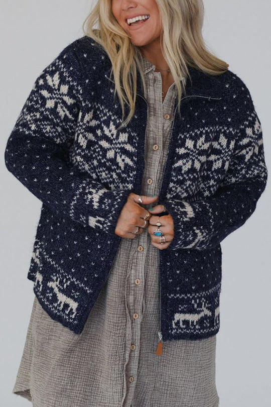 EB | Weihnachts-Schneeflocken-Elch-Reißverschluss Langarmpullover