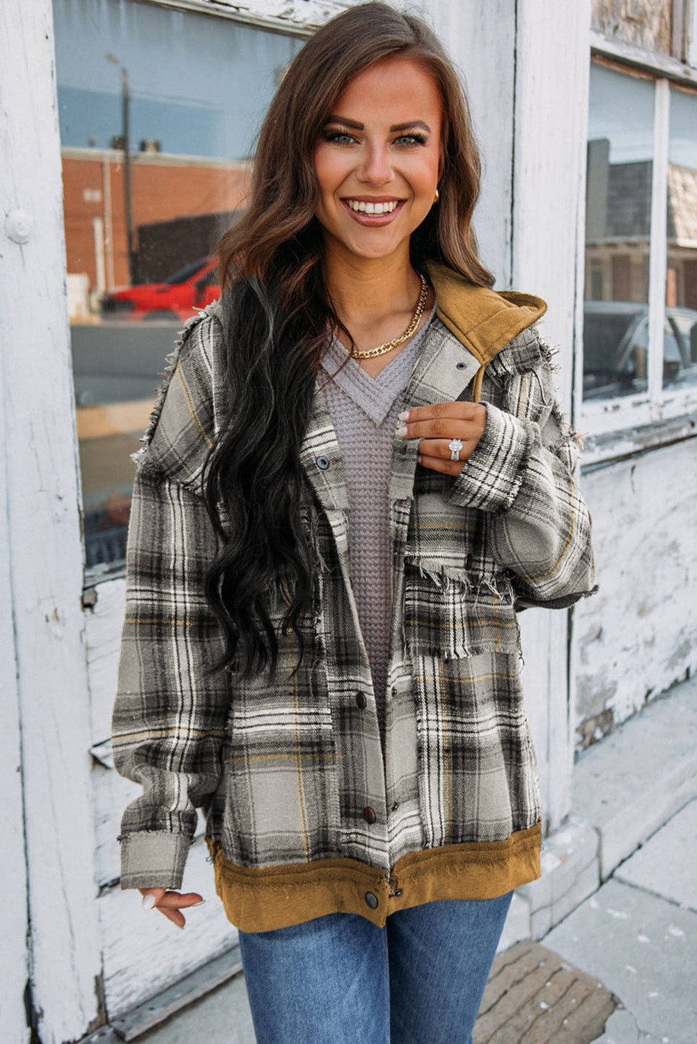 EB | Karierte Jacke mit Kapuze und Rohen Kanten Baumwolle Lässig und Trendy