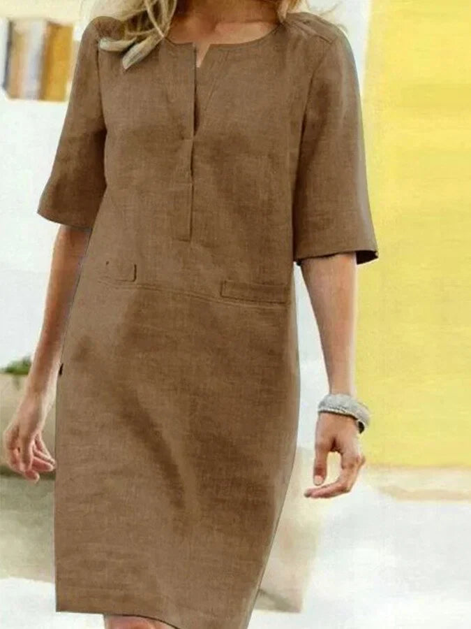 EB | Damen Kurzarm Baumwolle und Leinen Kleid