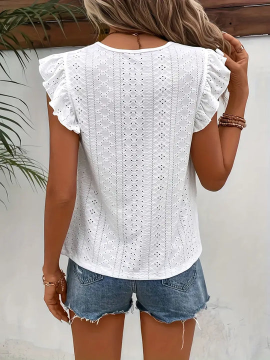 EB – vintage-t-shirt mit rundhalsausschnitt und rüschenbesatz