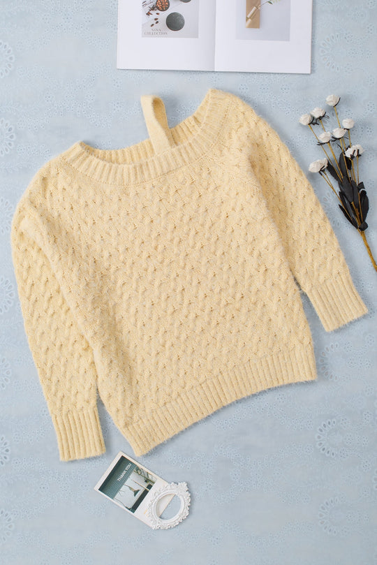 EB | Aprikosenfarbener asymmetrischer Ausschnitt Pullover mit kalten Schultern und Wimpern