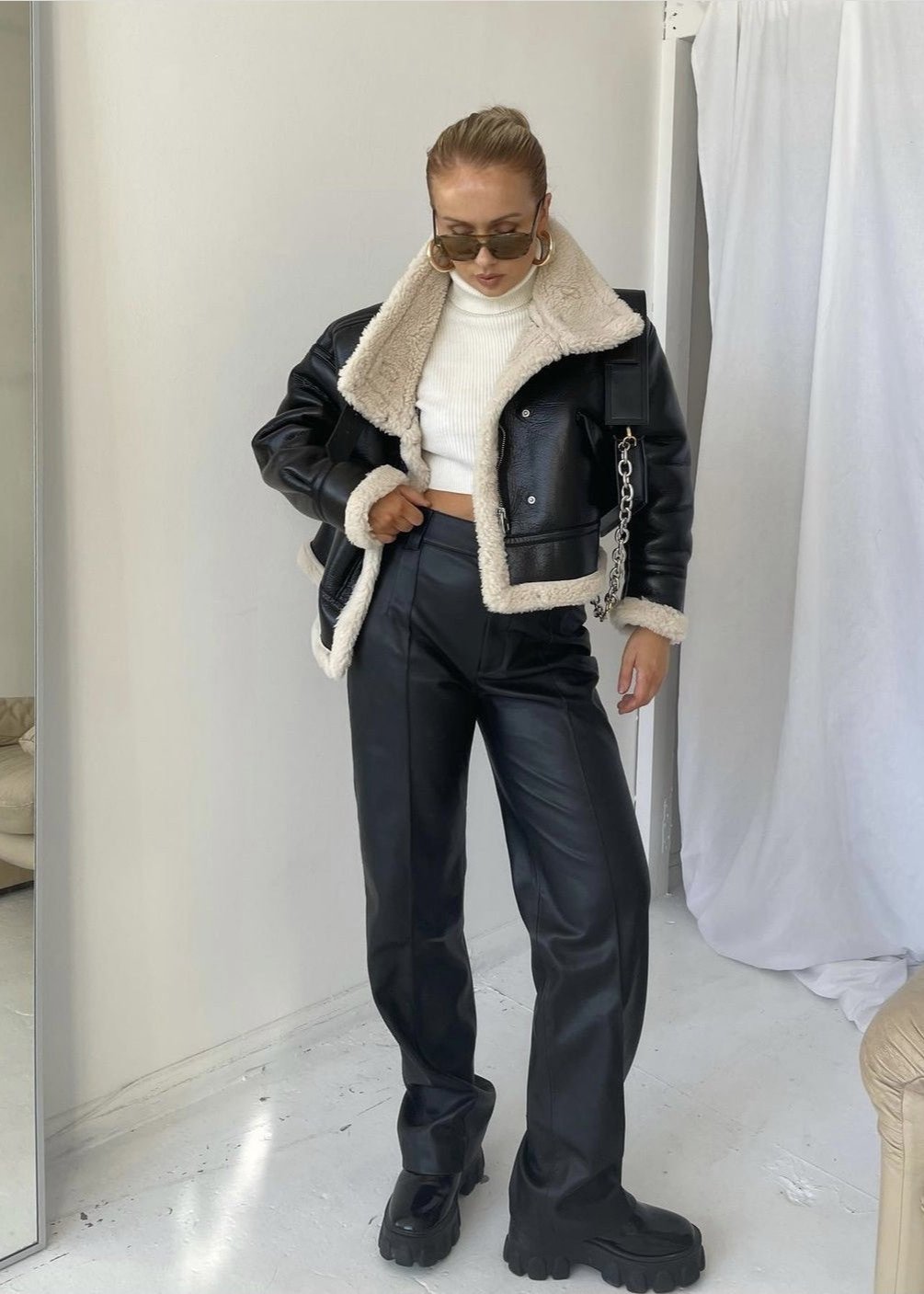EB | Leder Shearling-gefütterte Jacke - Edgy Stil trifft auf gemütlichen Komfort