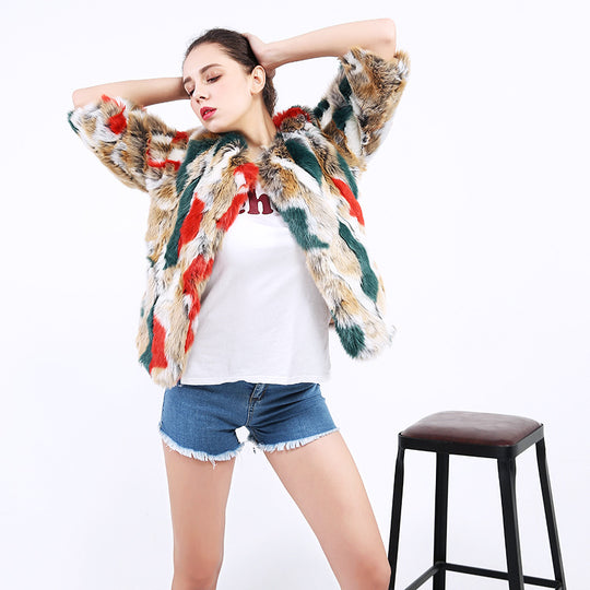 Damen Flauschige Kunstpelzjacke mit lebhaftem Muster und weit geschnittenen Ärmeln EB
