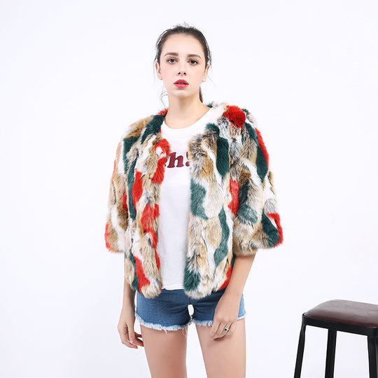Damen Flauschige Kunstpelzjacke mit lebhaftem Muster und weit geschnittenen Ärmeln EB