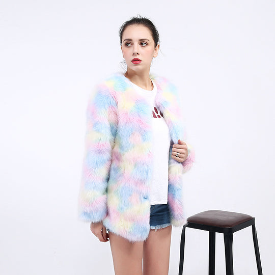 Damen Verspielte Kunstpelzjacke mit bunten Pastelltönen EB
