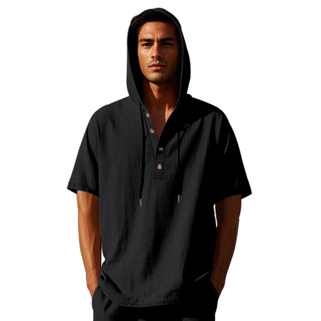 EB | Leinen-Knopf-Strand-Kapuzen-Henley-Shirt