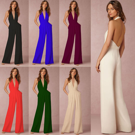 Damen eleganter Jumpsuit mit tiefem V-Ausschnitt und weiterbeiniger Silhouette EB
