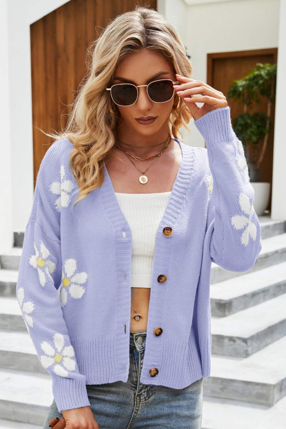 EB | Floral Ribbed Trim Drop Shoulder Cardigan