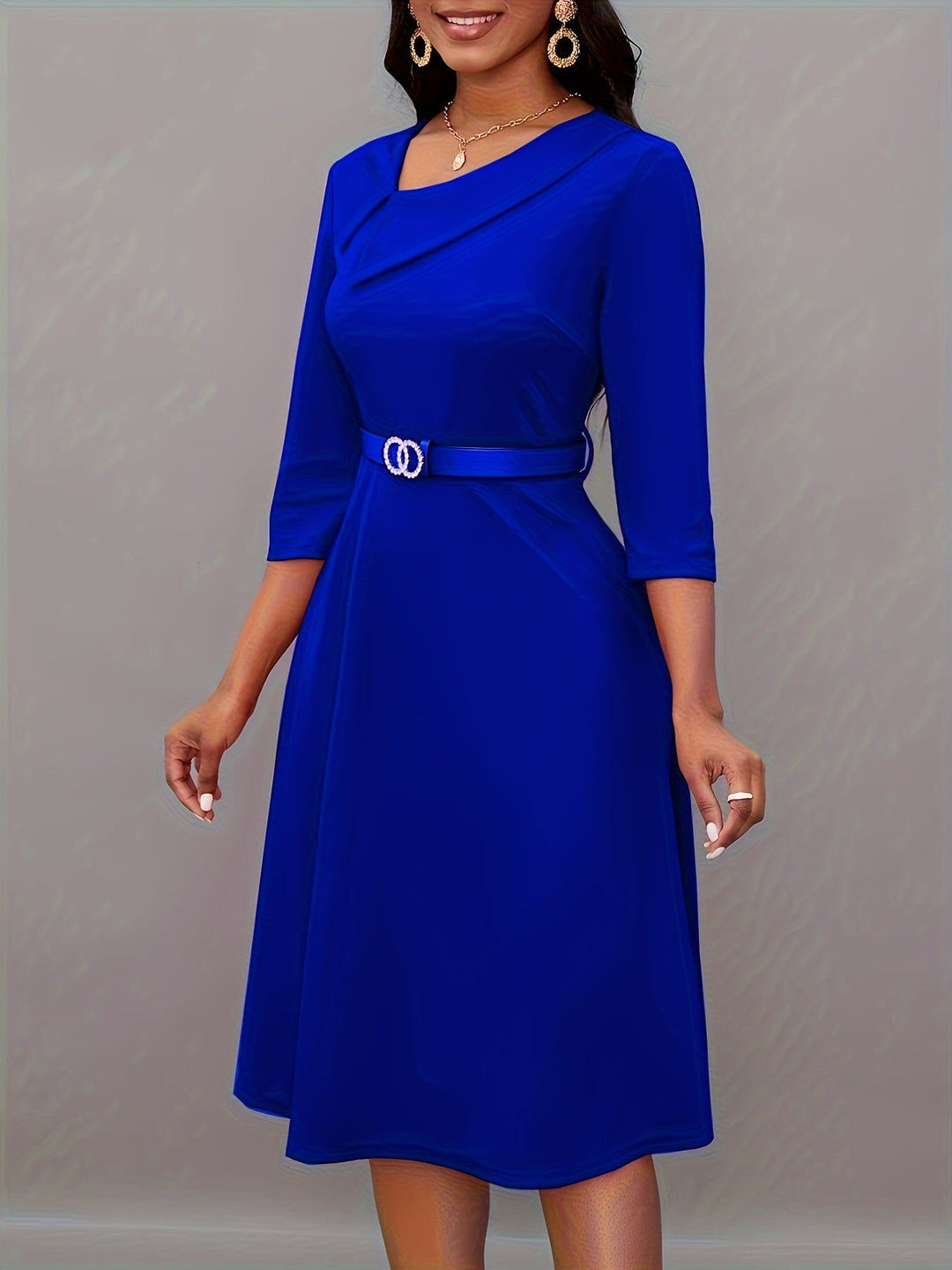 EB | Einfarbige Asymmetrische Halsgürtel 3/4 Ärmel Festliches Kleid Für Frauen - Ideal Für Alle Jahreszeiten