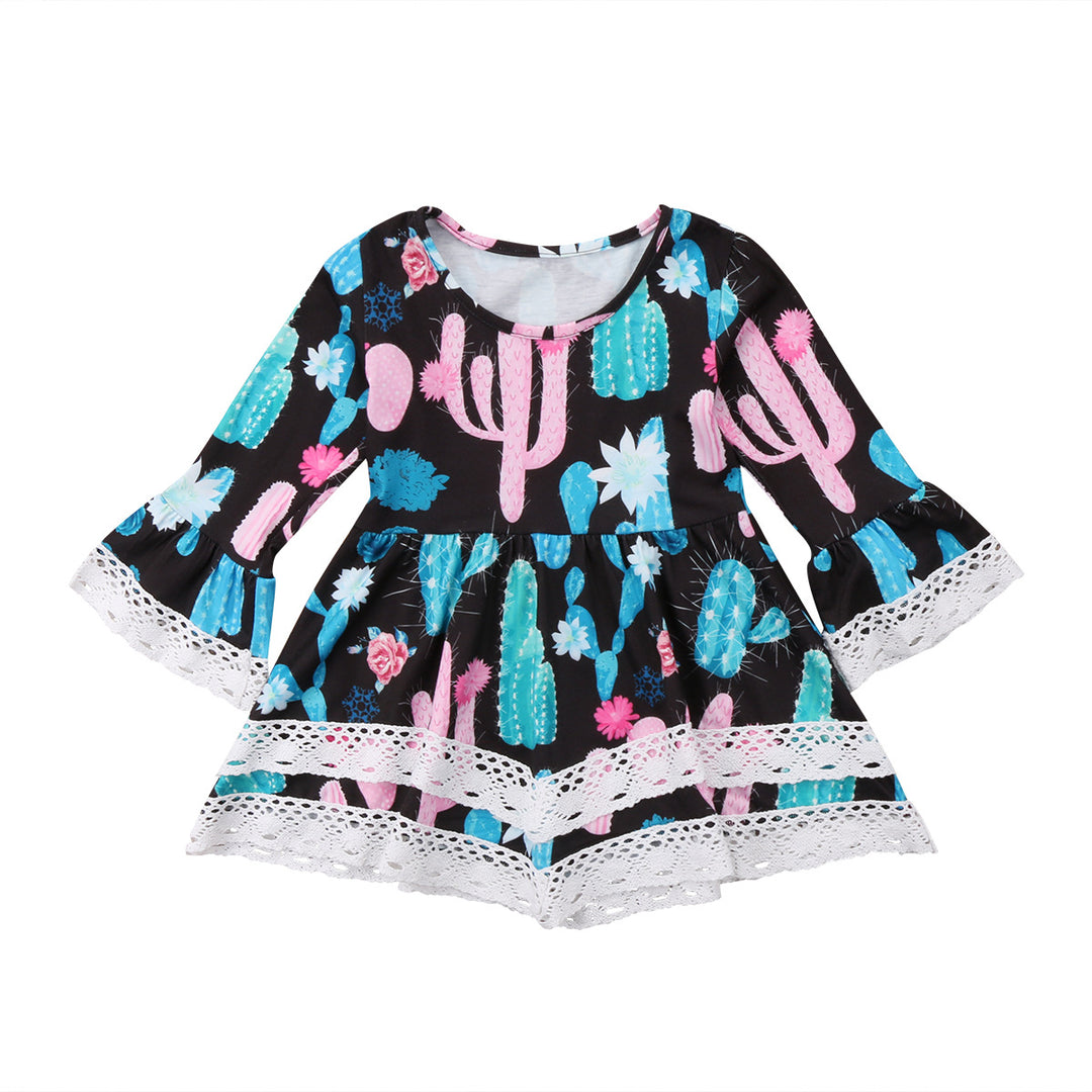 Damen Sommerliches Kleid mit kreativem Kaktus-Design und Spitzenakzenten EB
