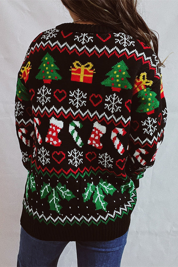 EB | Weihnachtsmuster Gestrickter Rundhalsausschnitt Langarmpullover