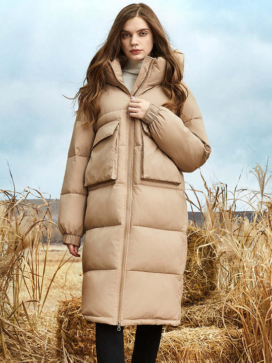 EB | Damen Lange Winter Pufferjacke mit Kapuze