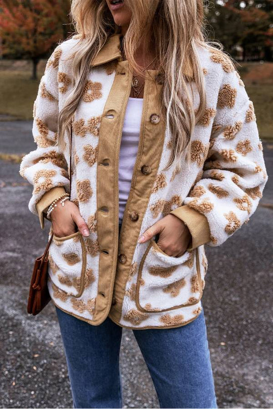 EB | Französisches Beige Süßes Blumenmuster Knopfleiste Fleecejacke