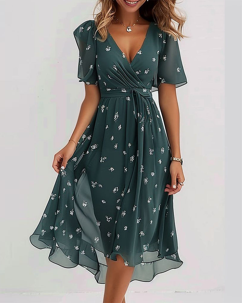 EB | Elegantes Bedrucktes Kleid mit V-Ausschnitt und Krawatte