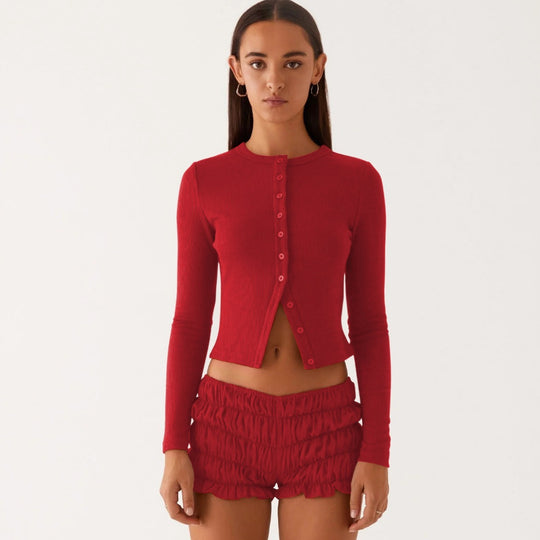 EB | Einfarbige schmal geschnittene lange Strickjacke