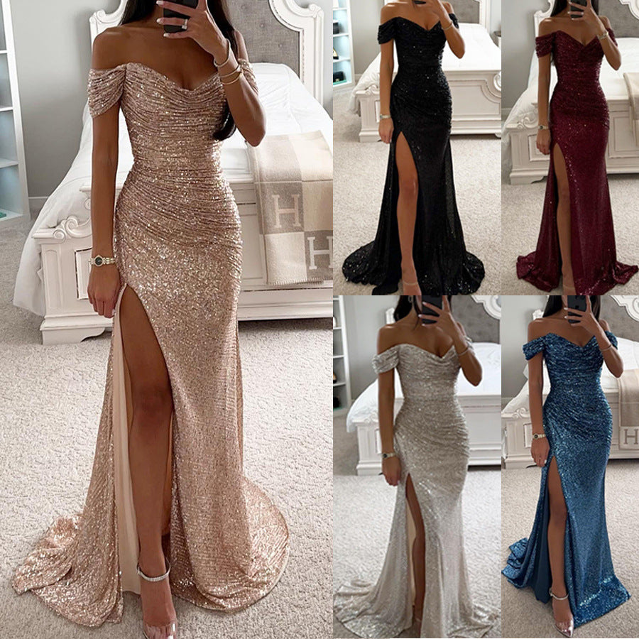 Glitzerndes Damen Abendkleid Schulterfreies Maxikleid mit Schlitz für Hochzeit & Fest | EB