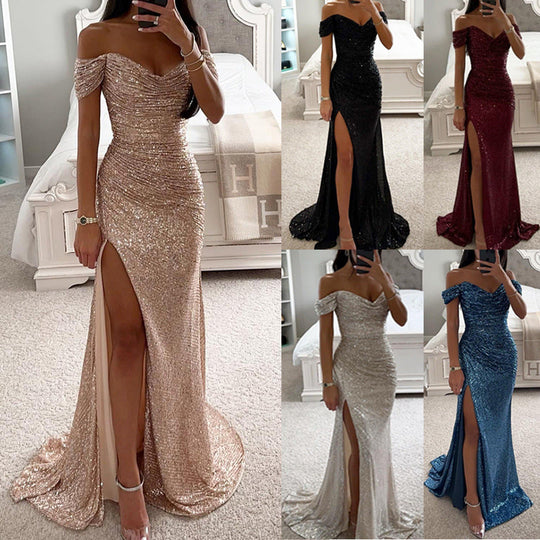 Glitzerndes Damen Abendkleid Schulterfreies Maxikleid mit Schlitz für Hochzeit & Fest | EB