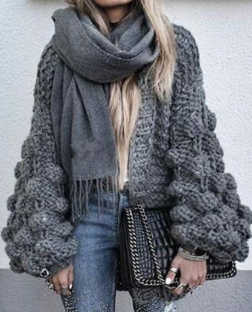 Damen Grob gestrickter Oversized Cardigan mit voluminösen Ärmeln EB