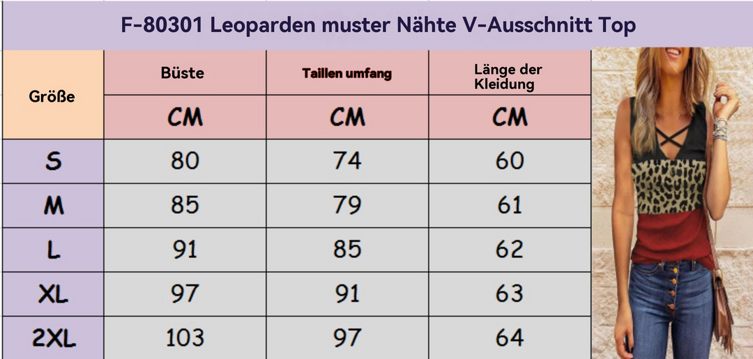 EB | Damen Leopard Patchwork V-Ausschnitt Top