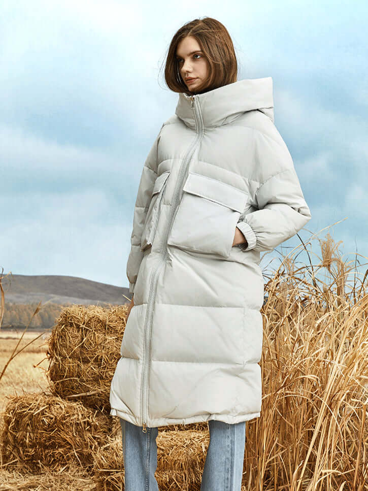 EB | Damen Lange Winter Pufferjacke mit Kapuze