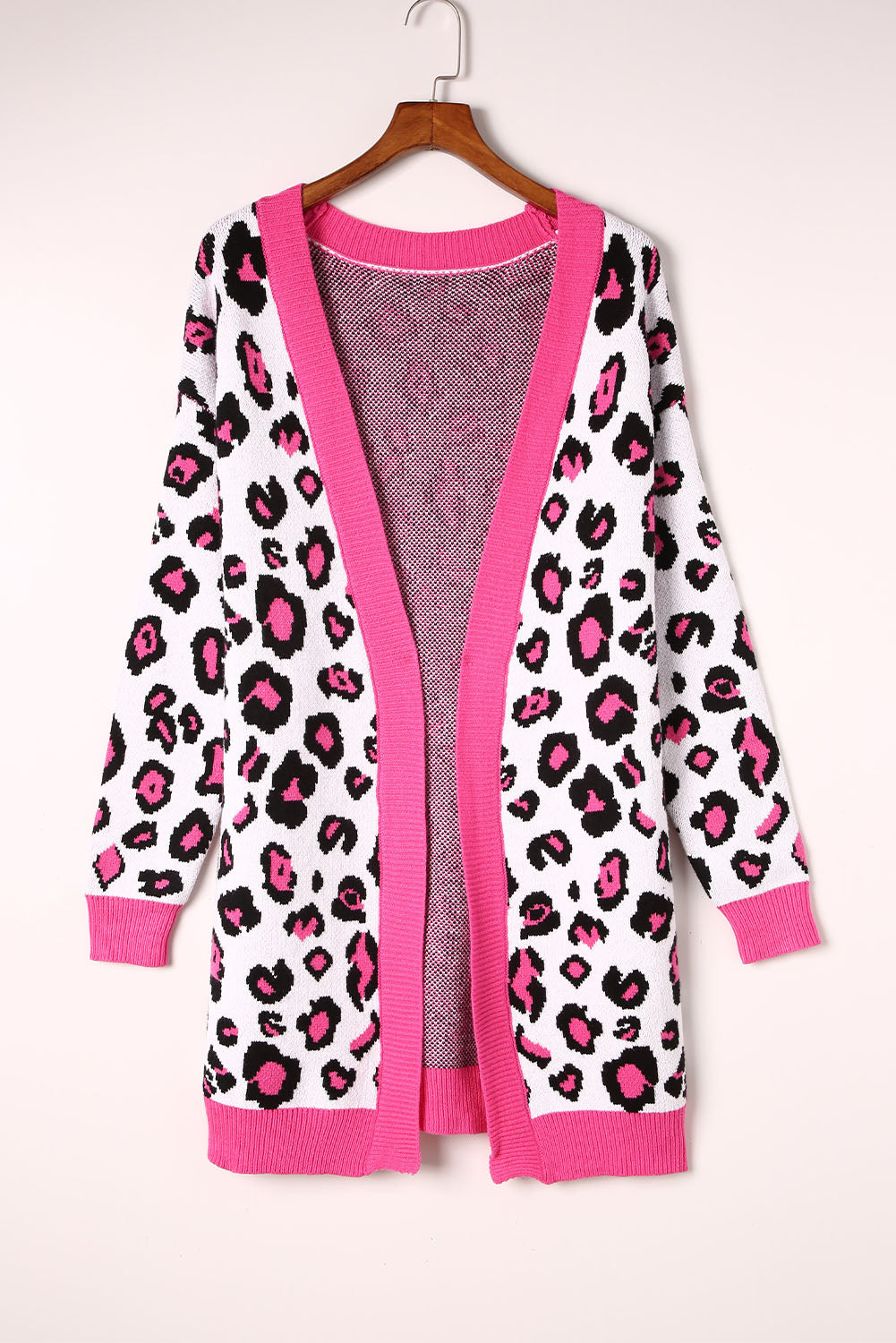 EB | Leopard-Kontrastbesatz Offene Vorderseite Langarmlange Strickjacke